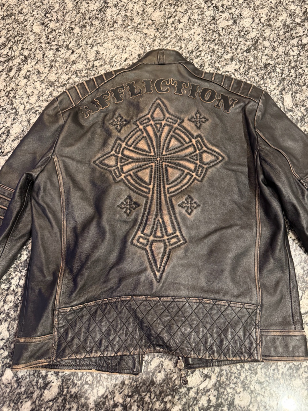 Affliction Black Leather Jacket with Embroidered Cross Back Detail NWOT Size 2XL - Picture 12 of 12